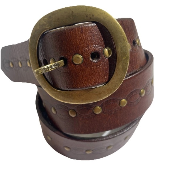 VTG Brown Leather TOOLED Belt Hippie Style 70s Women's Sz L Brass Buckle Studs - Picture 9 of 14